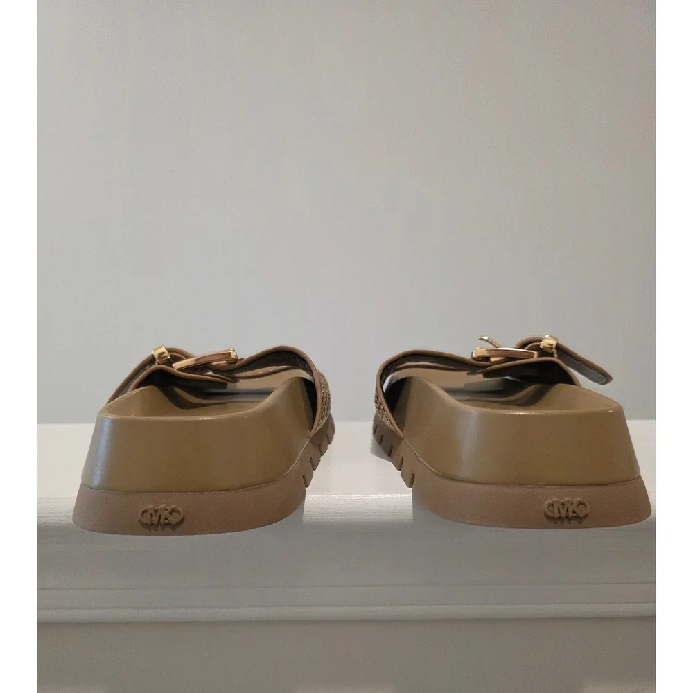 Womens sz 6 B Michael Kors Colby Flat Sandal Tan Leather Studded Platform‎ Slide